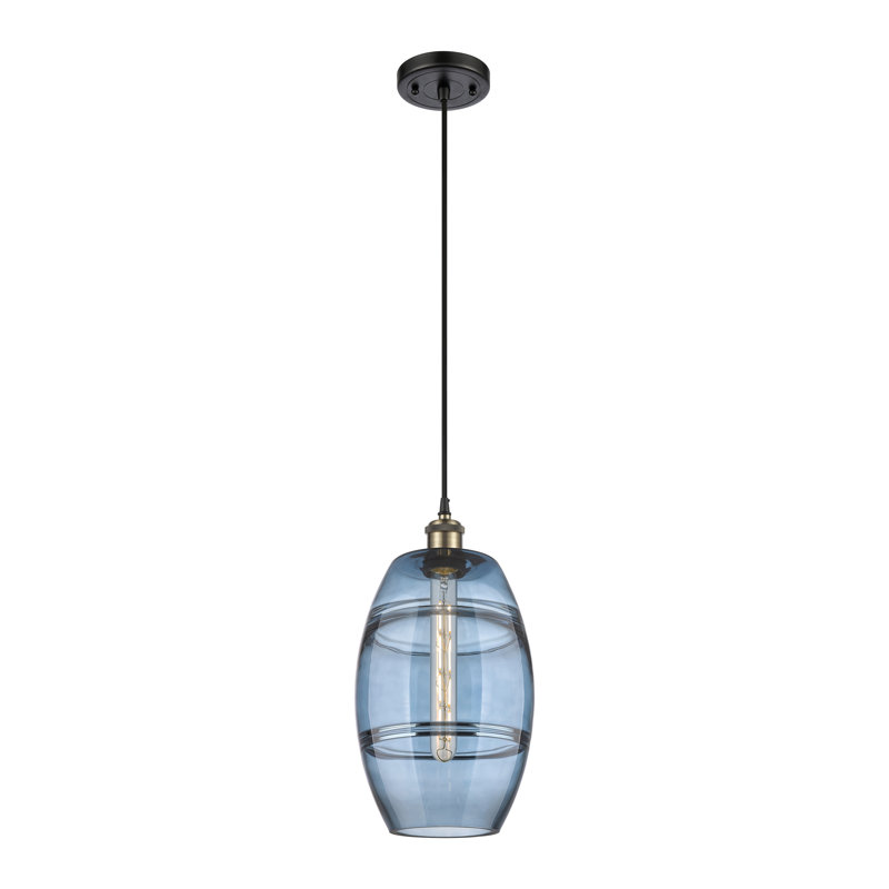 Luminaire suspendu 1 lumière Absalat, H 9,88 po x l 8 po x P 8 po, Bleu princesse, Laiton antique noir