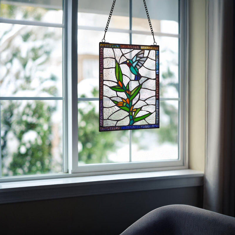 10"H Happy Hummingbird Stained Glass Window Panel