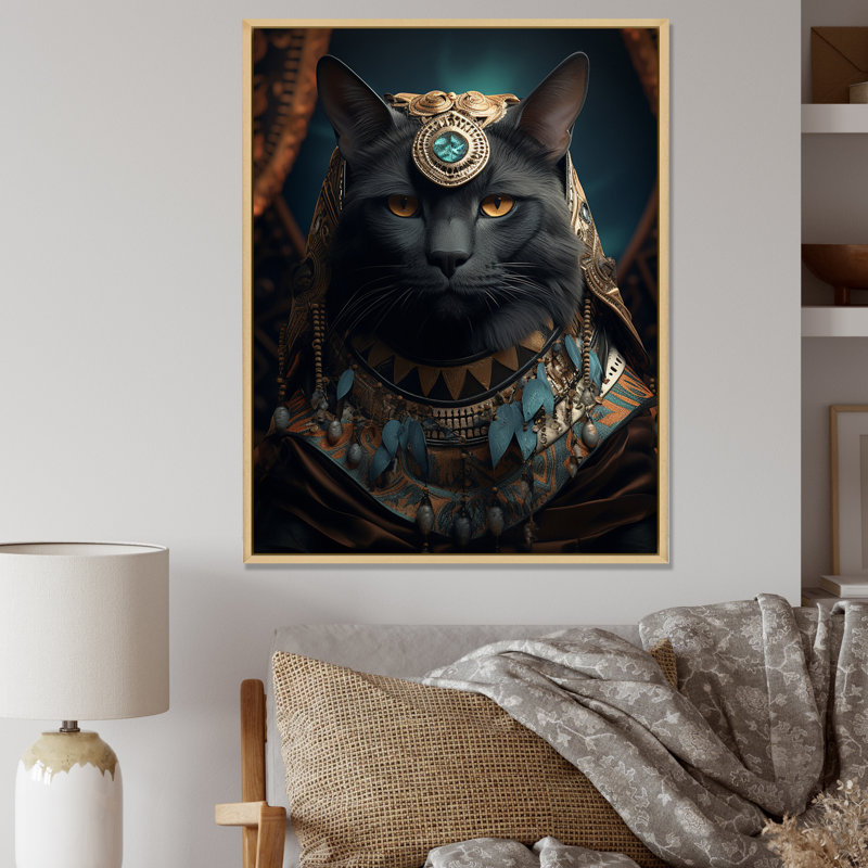 Portrait de chat majestueux, tenue royale glam rétro, Cadre naturel flottant, H 40 po x l 30 po x P 1,5 po
