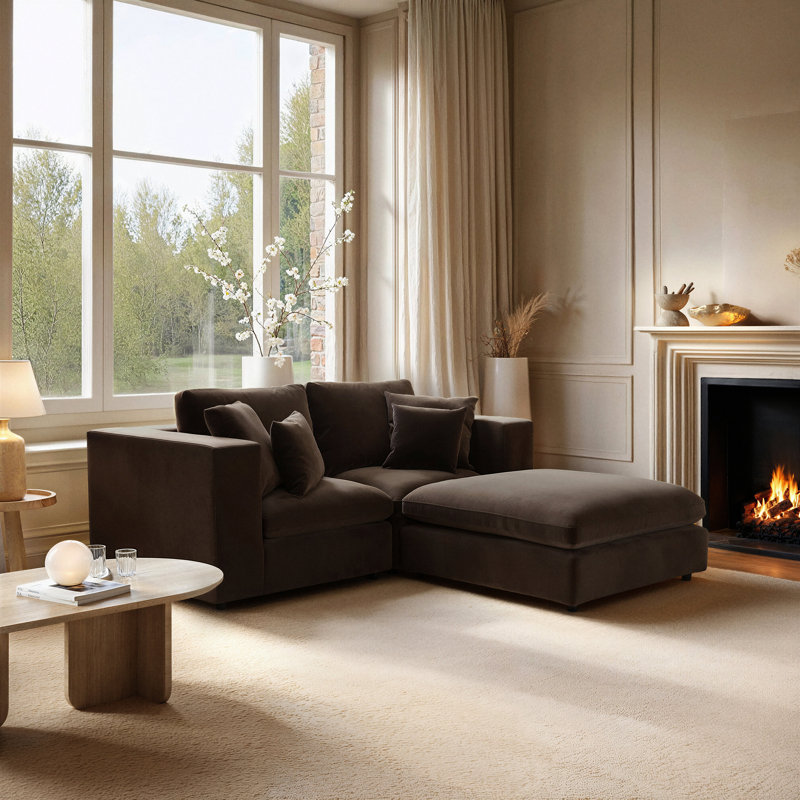 Asher 3 Seater Sofa with Reversible Footstool Mocha Velvet, Brown