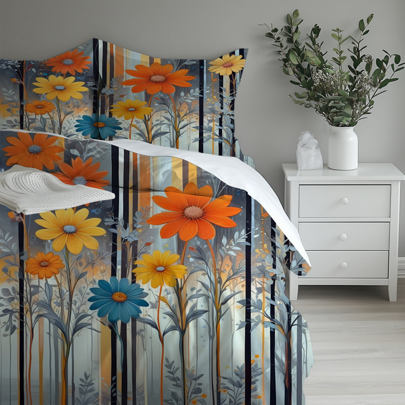 Microfiber Comforter Set, Twin Comforter + 2 Standard Shams, Blue/Orange Floral