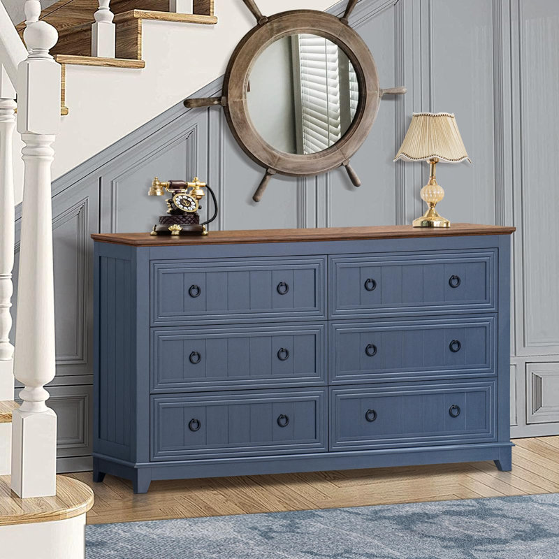 Commode en bois à 6 tiroirs de style champêtre pour chambre et salon, Bleu/brun