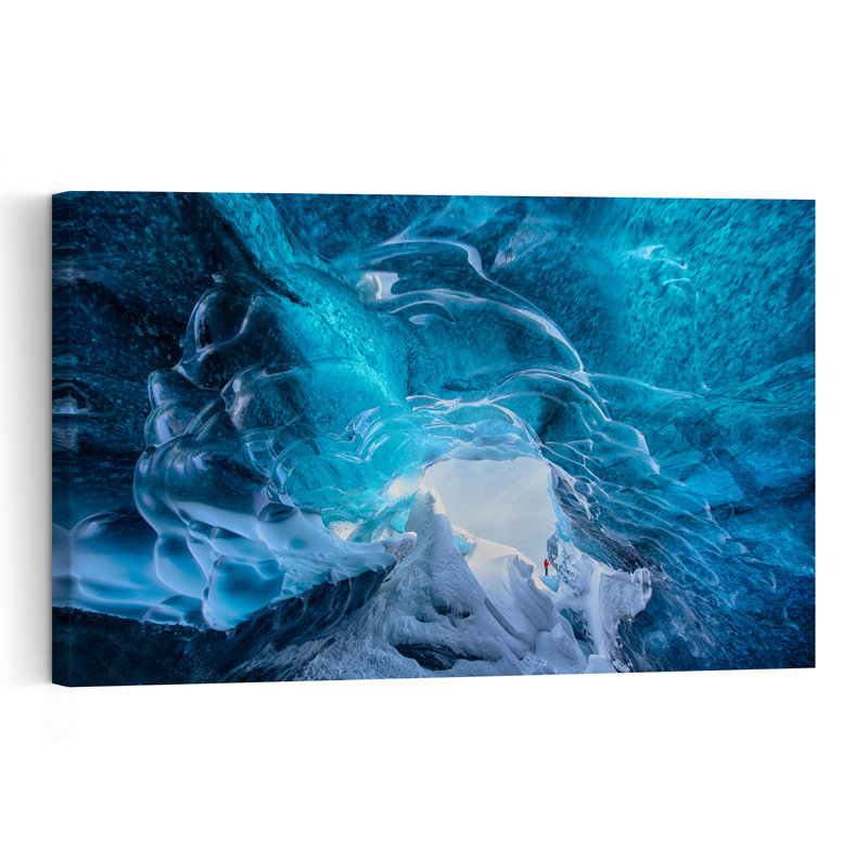 Affiche murale abstraite contemporaine représentant une grotte de glace d'un bleu profond, paysage naturel, 32" H x 48" W