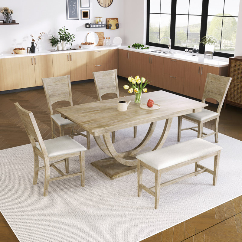 Ensemble de 6 tables de salle à manger en bois 6 pièces avec banc long et 4 chaises de style moderne, Bois naturel