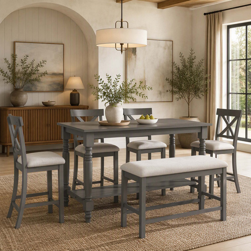 Solid Wood Top Dining Set, Gray, Gray