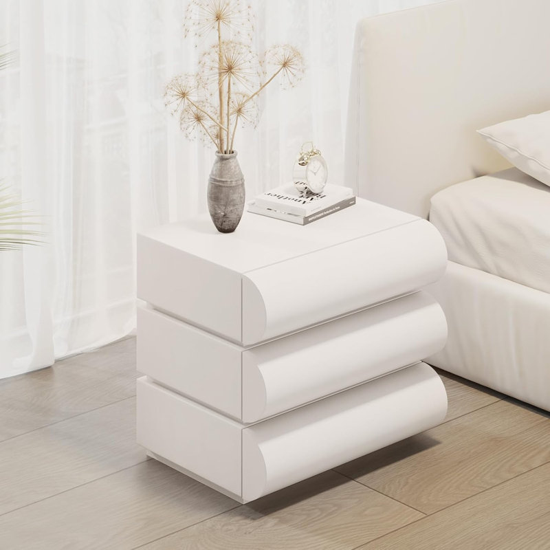 Ensemble de 2 tables de chevet modernes en similicuir blanc à 3 tiroirs, entièrement assemblées pour la chambre à coucher