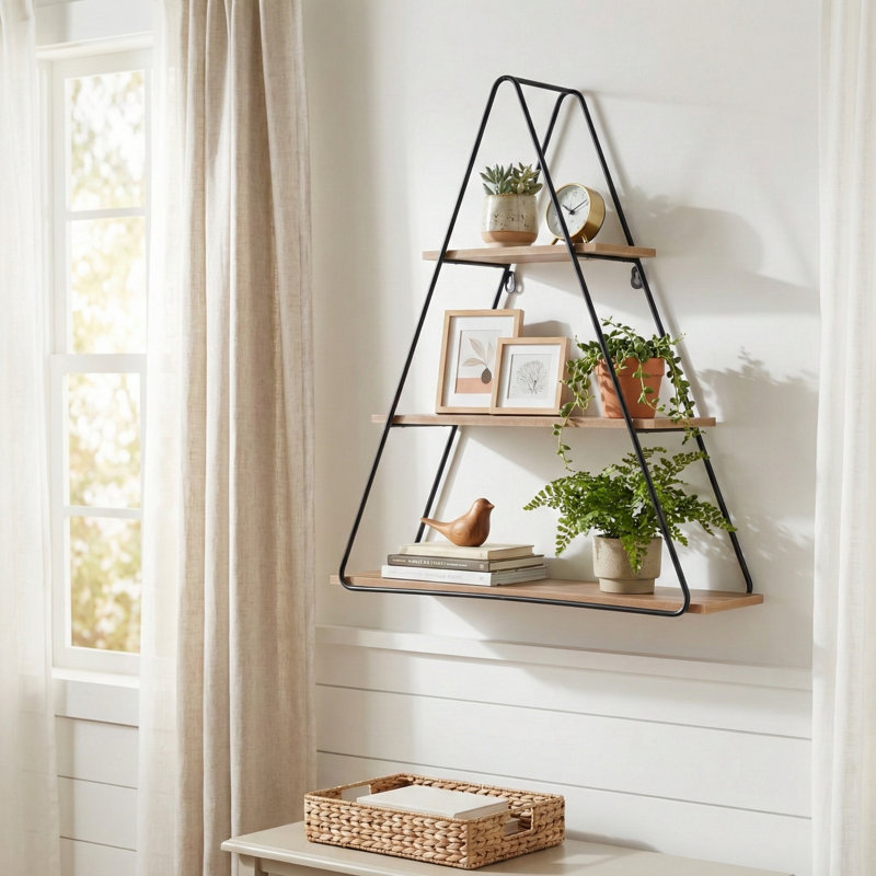 Geometric Metal and Wood Triangular Wall Shelf Storage for Entryway Decor - Accent Wall Organizer Shelf for Living Room or Home Display - 26"