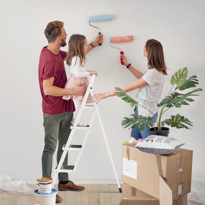 4 Step Folding Ladder, Lightweight Portable Stepladder with Anti-Slip Pedal, Ladders with Convenient Handrails,330 lbs Capacity Step Stool for Kitchen, Home, White