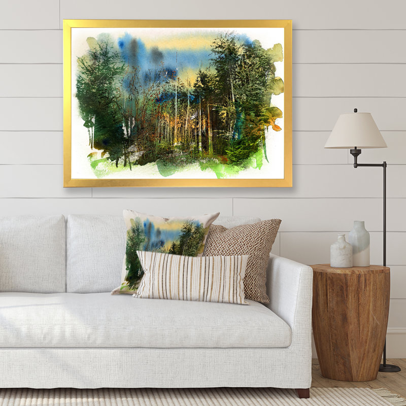 Paysage de forêt vert profond - peinture sur toile, Cadre doré, H 35,5 po x l 45,5 po