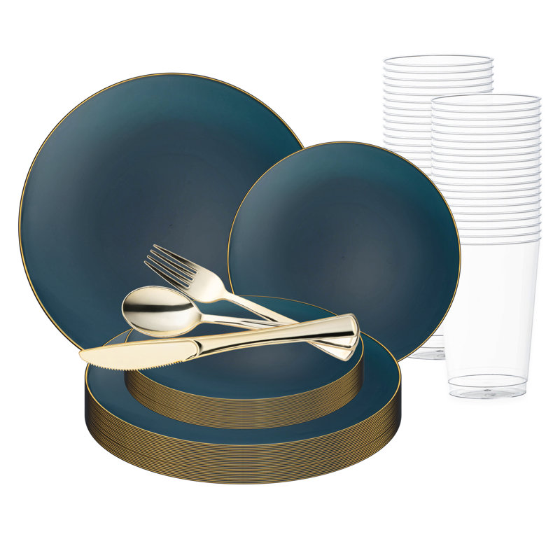 Ensemble de 60 pièces en plastique jetable rond, bleu marine avec bordure dorée, de couleur organique.
