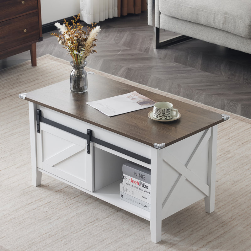 Table basse avec plateau relevable et rangement, Blanc, Bois brun foncé