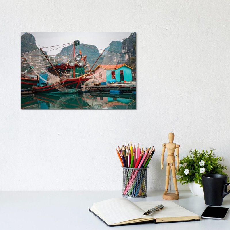 Asia, Vietnam, Quang Ninh, Ha Long Bay. Colourful Fishing Boat At Its Dock Is Reflected In Calm Bay Waters. by Bryce Merrill - Wrapped Canvas Gallery-Wrapped Canvas Giclée