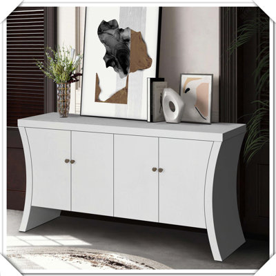 Refined Industrial 4-Door Credenza Wooden Arc Legs Bronze Clasps Storage