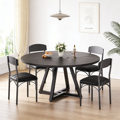 47IN Black Round Dining Table: Pedestal Metal Frame, Space-Saving Industrial Style