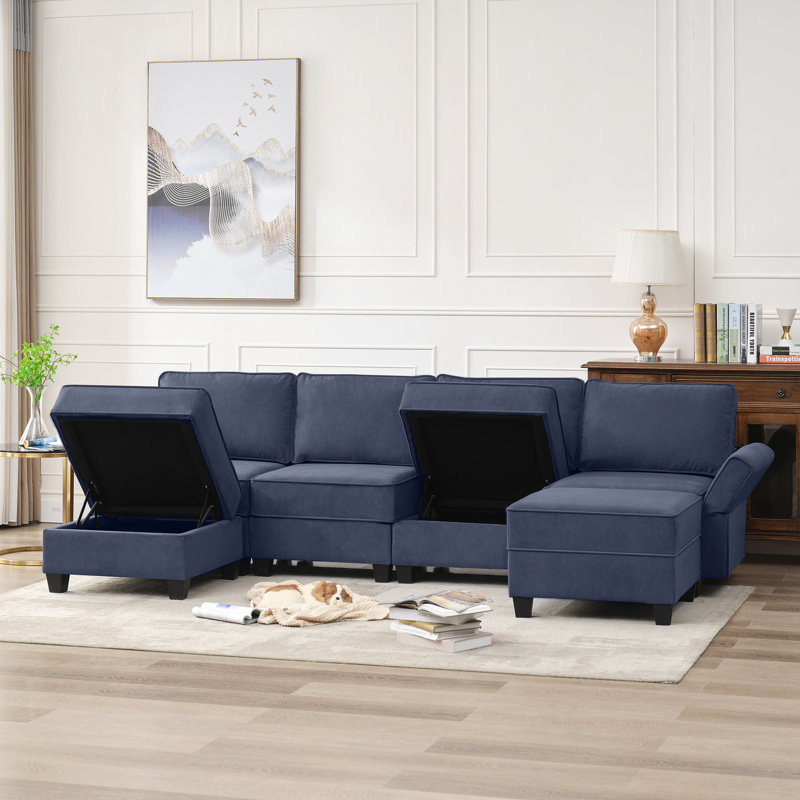 Canapé modulaire rembourré 7 pièces Zellar, Velours bleu marine