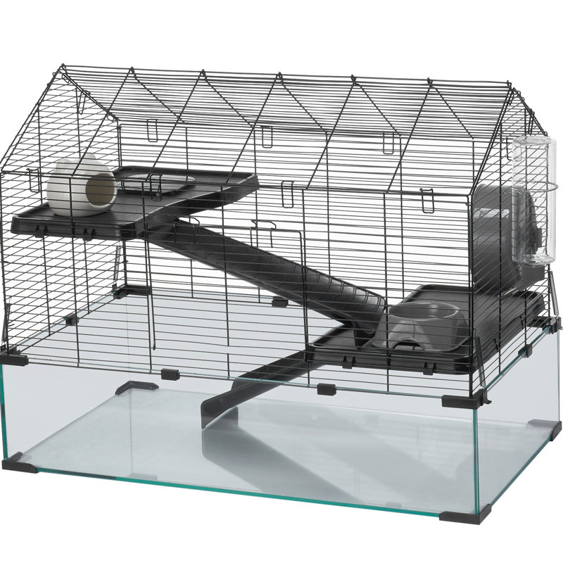 Habitat de hamster de 29,5 po avec structure sécuritaire pour animaux de compagnie, suffisamment d'espace pour explorer et se reposer, vue à 360 degrés, installation facile à suivre, cage à hamster en verre trempé noir, gerbille, souris,