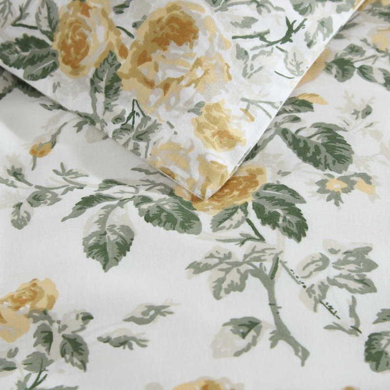 Laura Ashley Roses Cotton Reversible Gold Duvet Cover Set, Twin Duvet Cover + 1 Standard Pillowcases