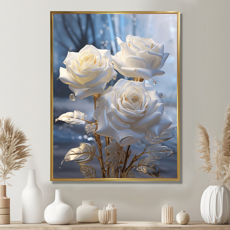 Art mural blanc, hiver, forêt rose, roses, salon, H 32 po x l 24 po x P 1 po, Toile avec cadre flottant or