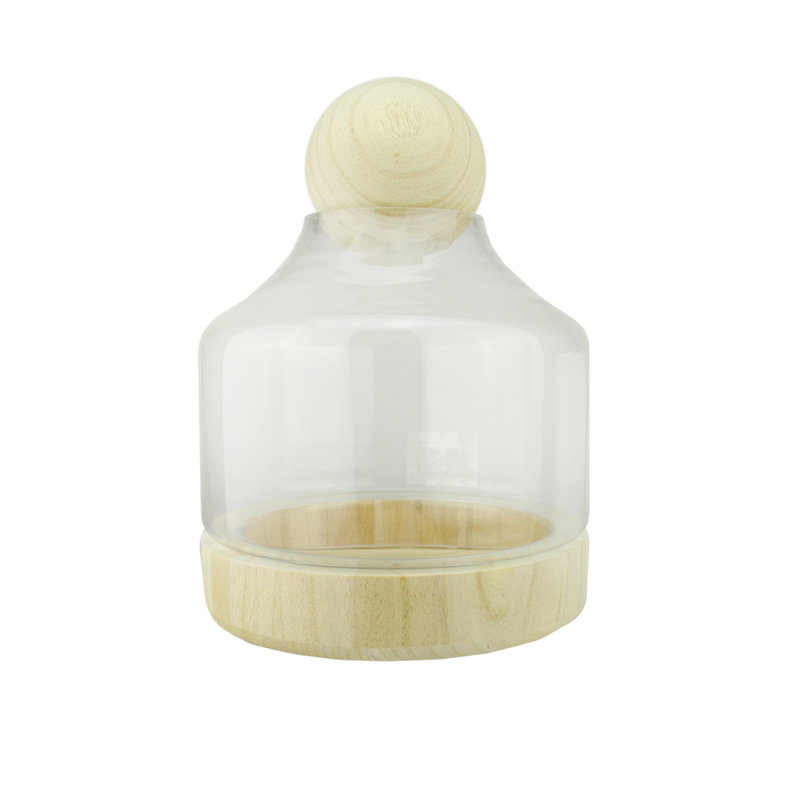Clear Glass Hurricane with Wooden Lid and Base, 12.5"
