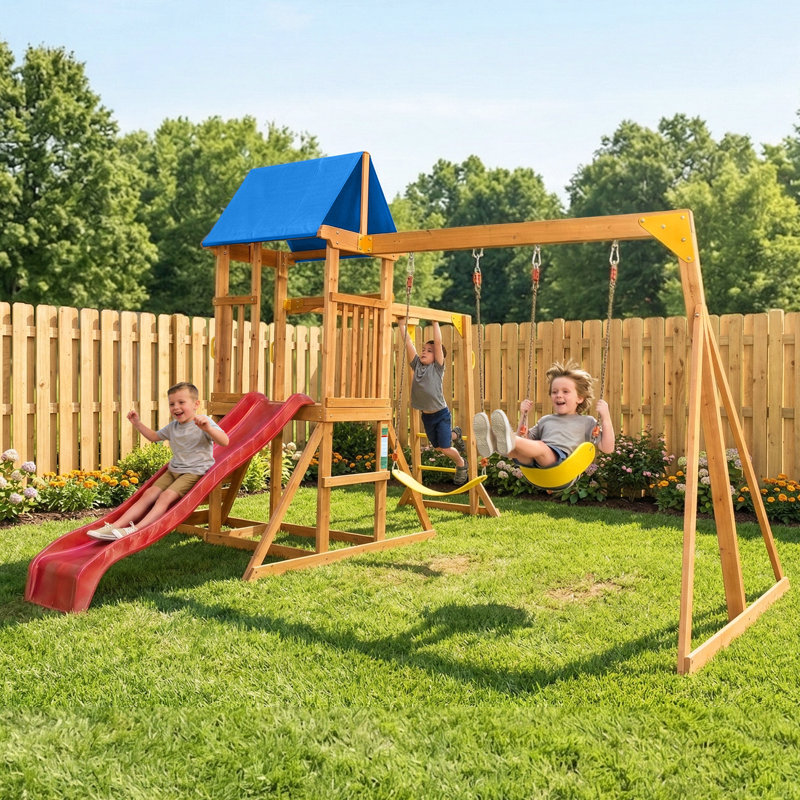 Ensembles de jeux en bois SuniBoxi pour la cour arrière, ensembles de balançoire avec barres à singes, balançoire à 2 ceintures, glissade à vagues, échelle d'escalade pour jouer en plein air de 3 à 6 ans