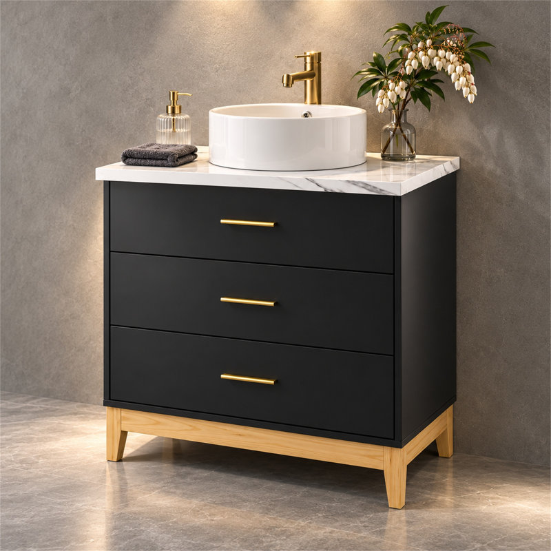 Meuble-lavabo en bois aggloméré de 31,5 po avec lavabo vasque et 3 tiroirs
