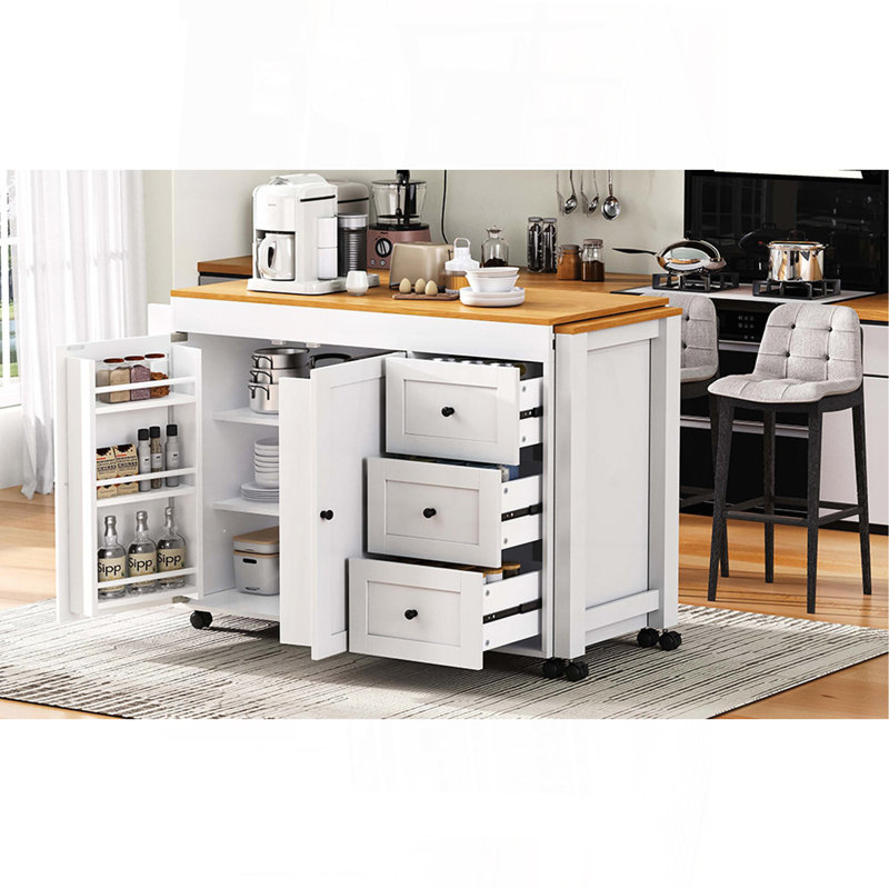 74.8" Kitchen Island With Extendable Dining Table, Kitchen Storage Cart With 3 Drawers, Power Outlet, Rolling Kitchen Island On Wheels With Spice Rack And 2 Door Cabinet, For Kitchen