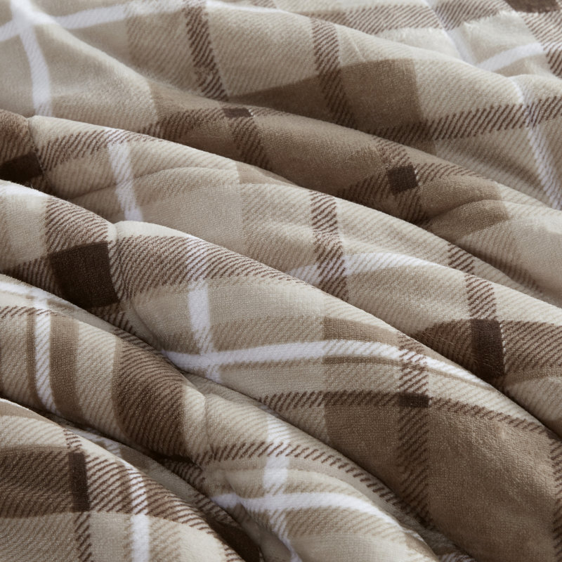 Ensemble d'édredon ultra-doux Alton, Édredon très grande taille, 2 taies et 2 coussin, Tissu écossais brun clair