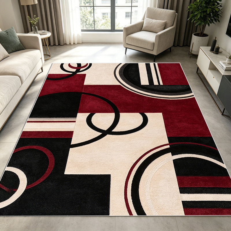 1PC Modern Geometric Burgundy Black Circle Block Pattern area rugs for Living Room, Soft, All seasons, Washable Indoor mat, Under Table suitable for dining room, bedroom, home office, entryway, kitchen, Home Decor, Outdoor Decor.