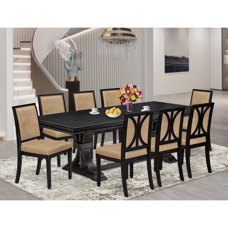 L'ensemble de table de cuisine 9 pièces se compose d'une table de salle à manger et de 8 chaises de salle à manger en tissu de polyester beige avec dossier haut - fini noir sablé