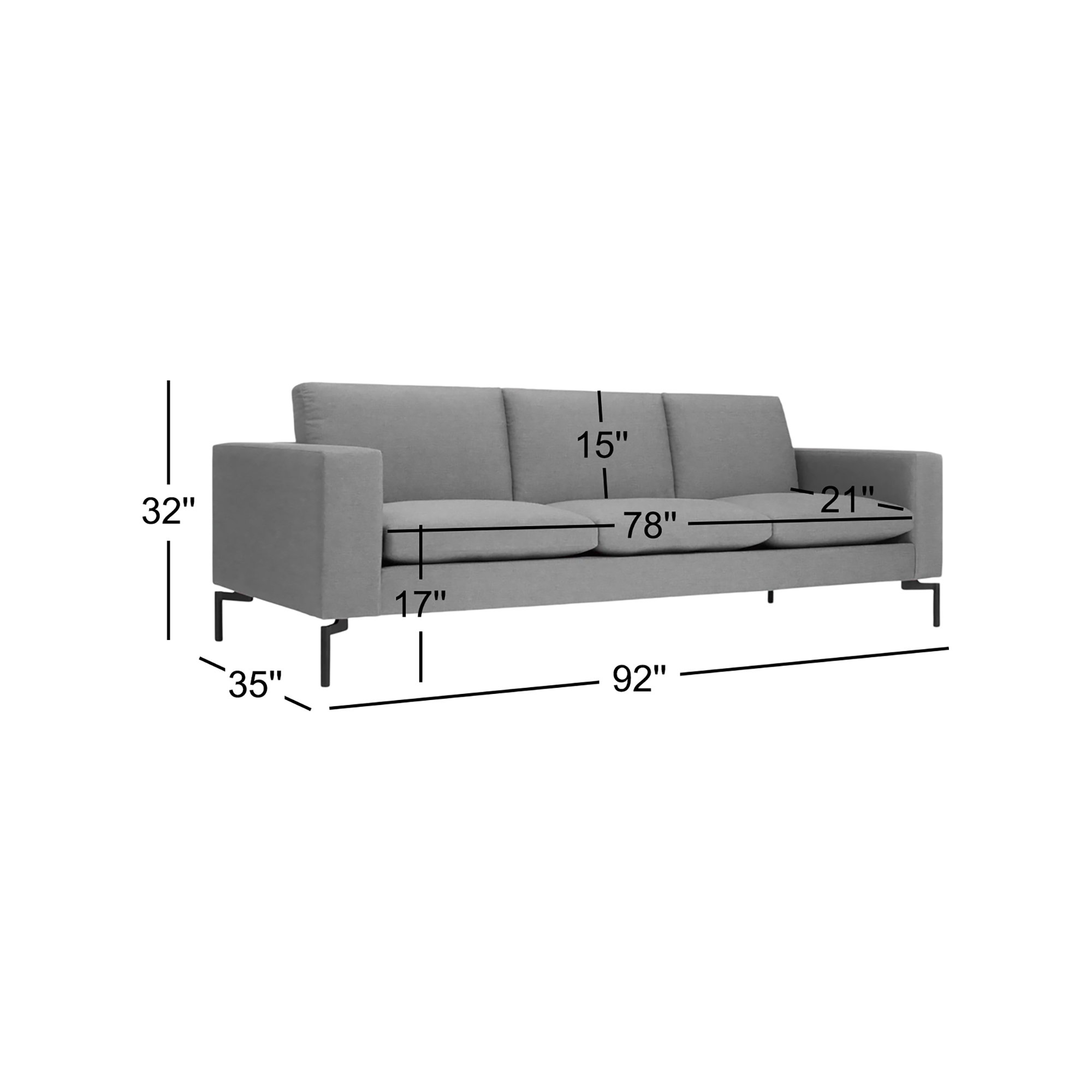 New Standard Upholstered Sofa, Spitzer Gray 100% Polyester, 32" H x 92" W x 35" D, Black