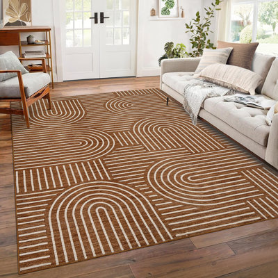 Tapis moderne lavable 5 x 7 pour tapis de salon à rayures géométriques abstraites sans perte de poils, tapis pliable pour chambre d'enfant chameau