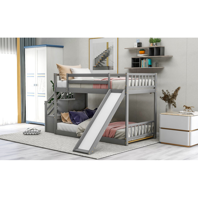 Lit superposé avec glissière convertible et escalier, Gris