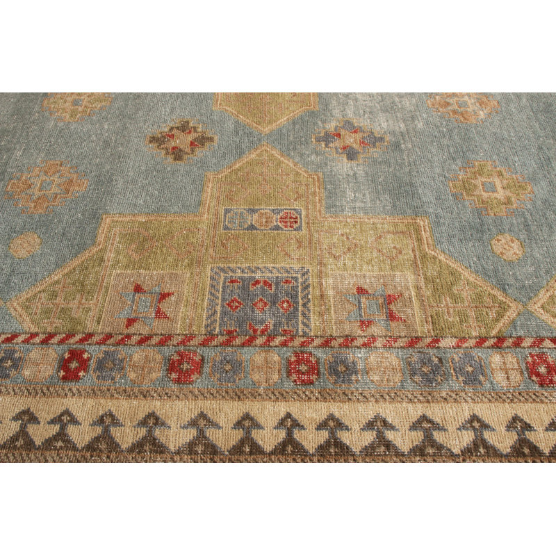 Distressed Homage Hand Knotted Wool Geometric Area Rug in Green, Blue, Beige, Red, Rectangle 9' x 12'
