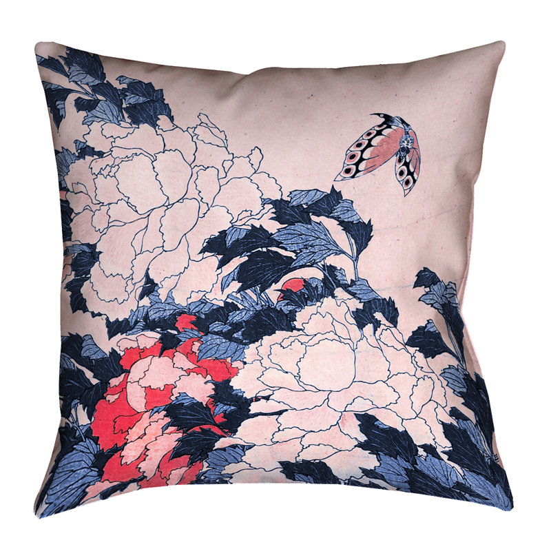 Coussin Katsushika Hokusai, H 14 po x l 14 po, Bleu / Rose