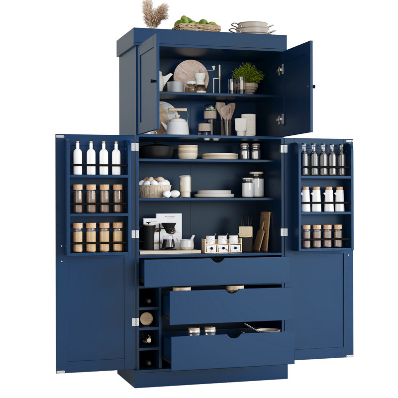Garde-manger autoportant très grand avec supports à vin et prise de courant, Bleu