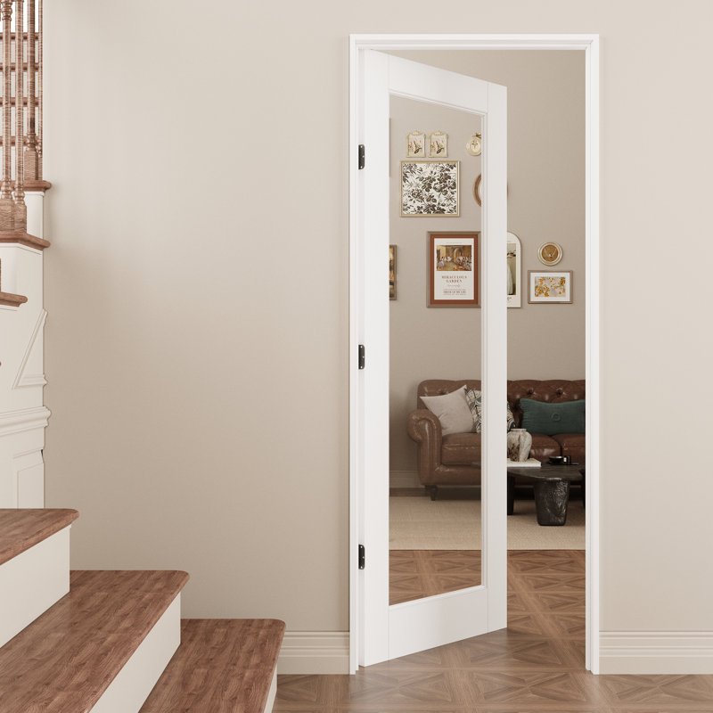 Porte intérieure à un battant en verre clair, porte prémontée en MDF CARB P2 avec verre trempé certifié SGCC, avec ensemble de chambranle, joint d'étanchéité, charnières argentées et ouverture vers l'intérieur à gauche, préfinie et facile à teindre soi-même, garde-manger, chambre, salle de bain et placard, 91,4 cm x 203,2 cm
