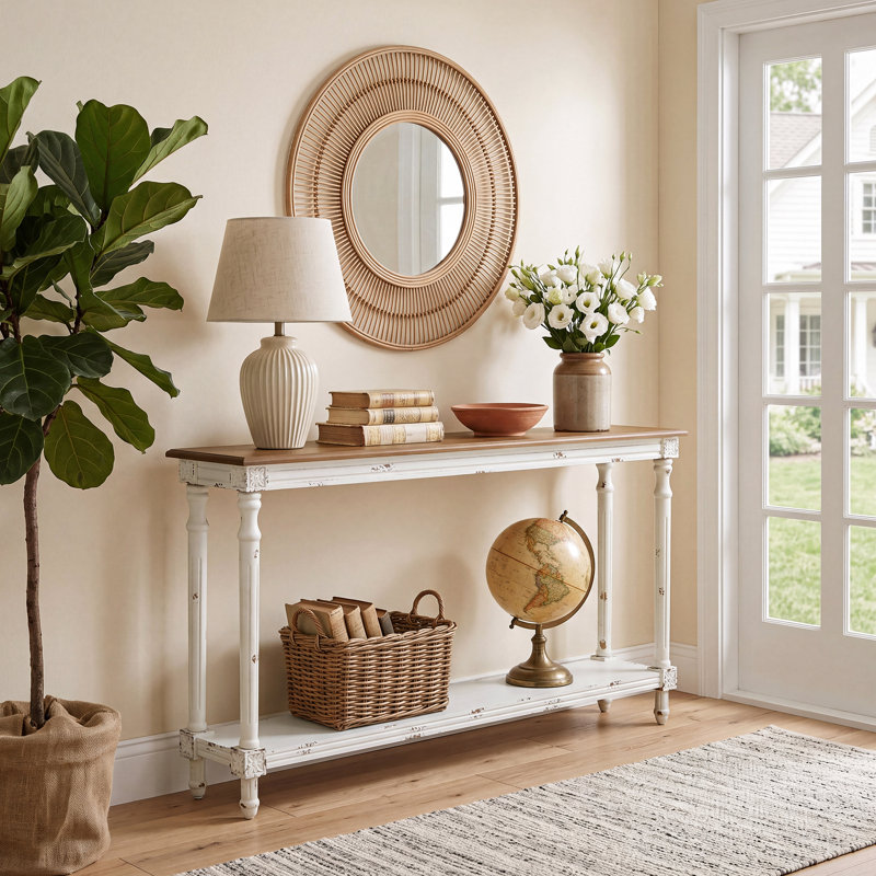 60" W Farmhouse Narrow Console Table, Entryway Table, 2-Tier Sofa Table with Distressed Finish