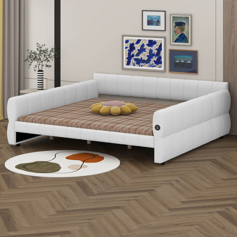 Upholstered Platform Bed King Size With USB Ports & Tufted Backrest & Armrests,King Lambswool Platform Bed, White