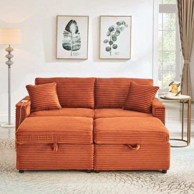 Fauteuil relax confortable en velours côtelé moelleux avec deux poufs, tablette, mousse orange et ressorts, espace de rangement, multifonctionnel surdimensionné, tissu de qualité pour chaise longue douce, accoudoirs multifonctions et