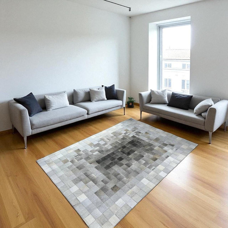 Tapis en cuir de vache moderne gris ombré Patchwork, Rectangle 4 pi x 6 pi