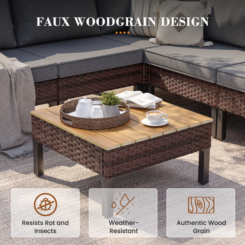 L-Shaped Rattan Outdoor Patio Sofa Set, Gray, 6