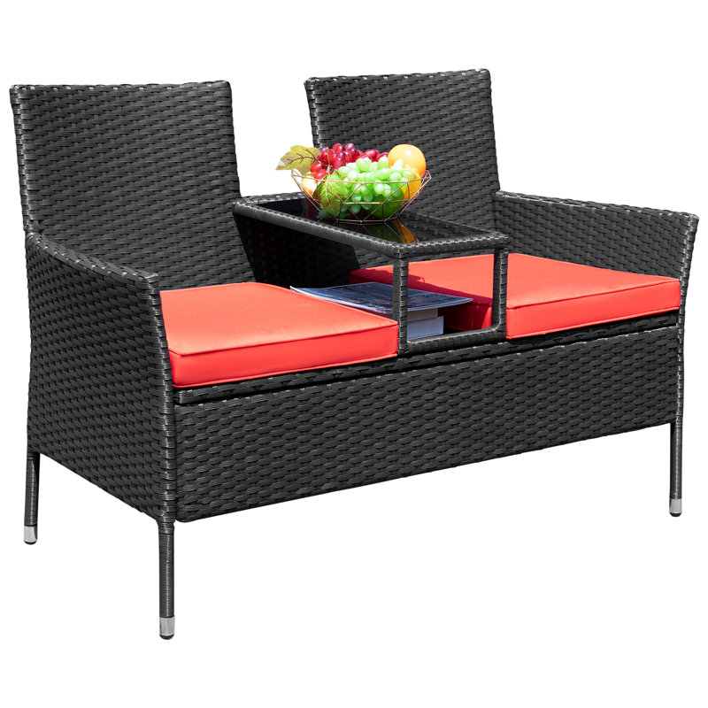 Ensemble de conversation en rotin 3 pièces avec table intégrée pour jardin Margueriez, Rouge