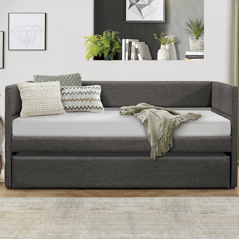 Lit de jour de style moderne avec lit gigogne en tissu gris foncé et tissu d'ameublement 1 pièce (lit de jour)