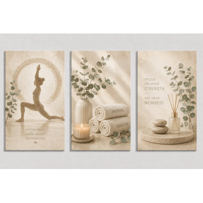 Large Minimalist Spa Yoga Wall Art Canvas Print Set of 3 Neutral Wellness Posters for Meditation Room Bathroom Decor 16x24 Inch Canvas Print - Ready to hang