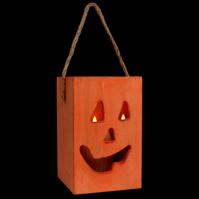 8" Orange Wood Jack O Lantern Halloween Candle Holder
