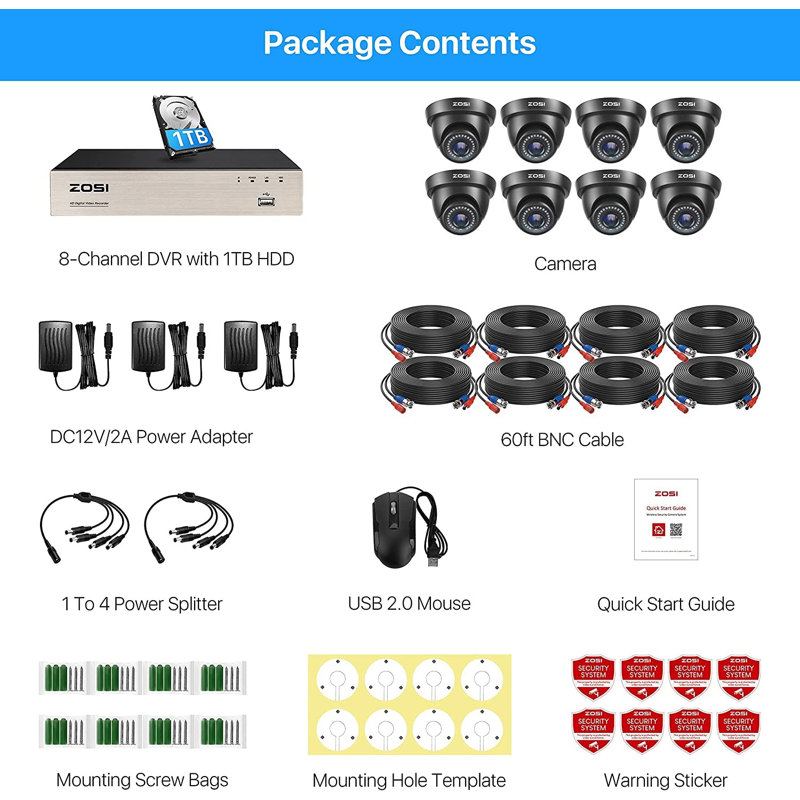 Système de caméra de sécurité 8CH DVR avec disque dur de 1 To, 8 caméra de sécurité dôme extérieure 2MP, alerte de mouvement