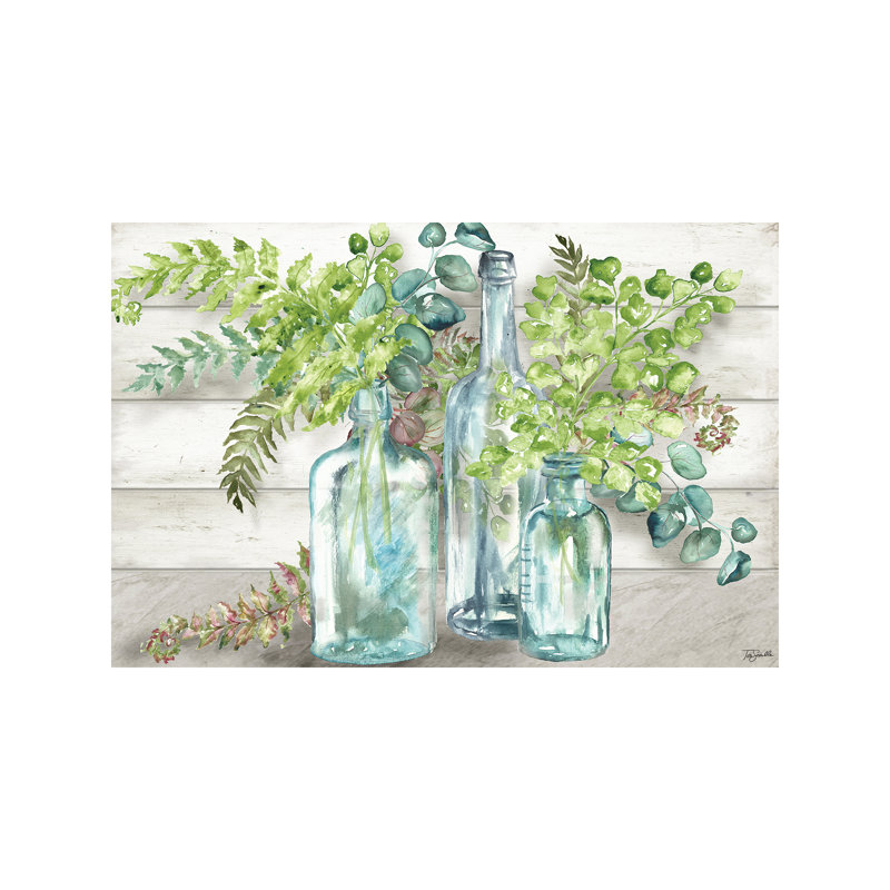Vintage Bottles And Ferns Landscape by Bottles And Ferns Landscape - Wrapped Canvas Painting