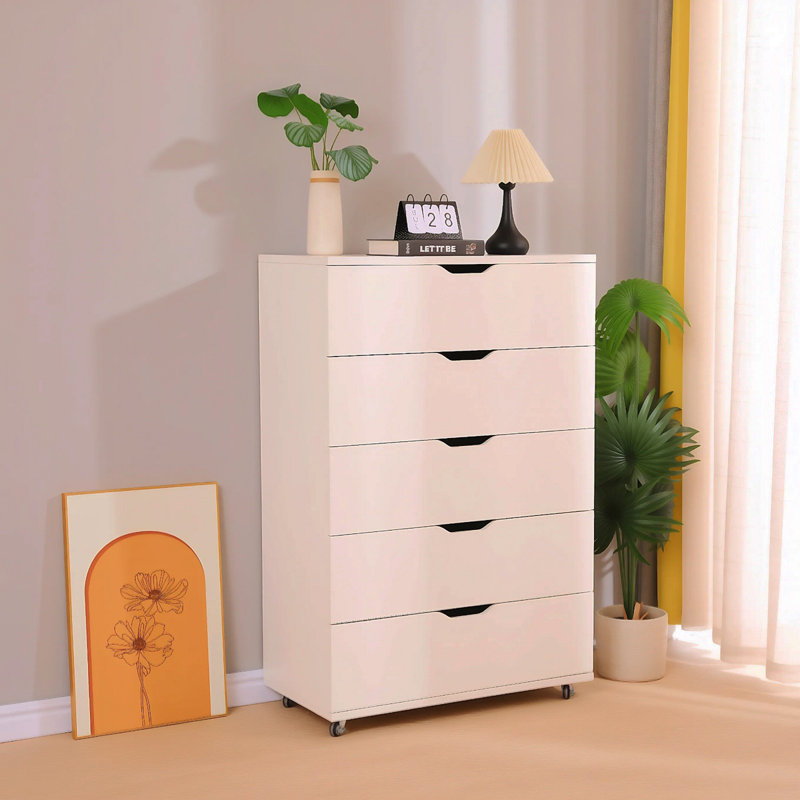 Commode de rangement blanche à 5 tiroirs avec roulettes - Armoire de rangement moderne, Blanc