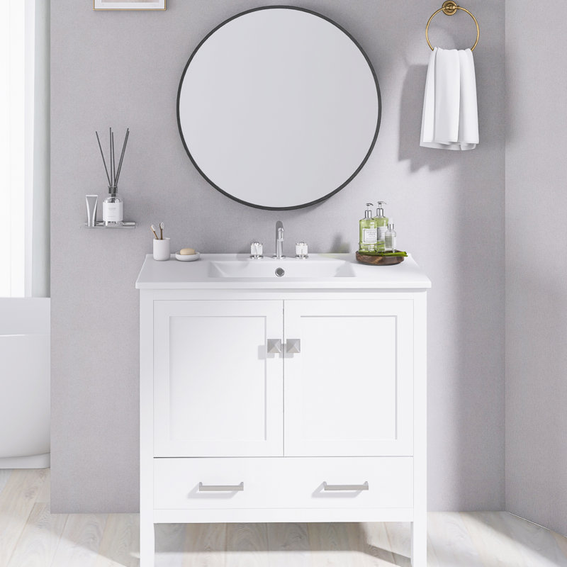 36 pouces Meuble-lavabo blanc avec lavabo en céramique | Double tablettes de rangement et tiroir divisé | Portes à fermeture en douceur | Armoire de salle de bain avec rangement spacieux | Cadre en bois massif