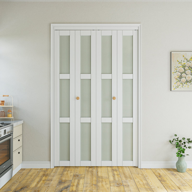 Classical 3-Lite Tempered Frosted Glass Solid Core Paintable Primed Bi-fold Doors with Installation Hardware Kit, 48" x 80"